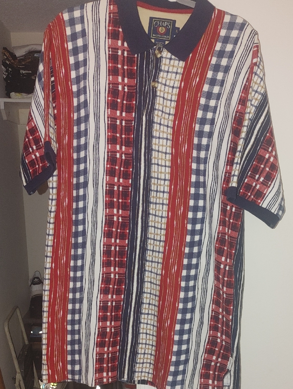 Chaps Men's Striped Plaid Short Sleeve Polo - Red, Navy, White